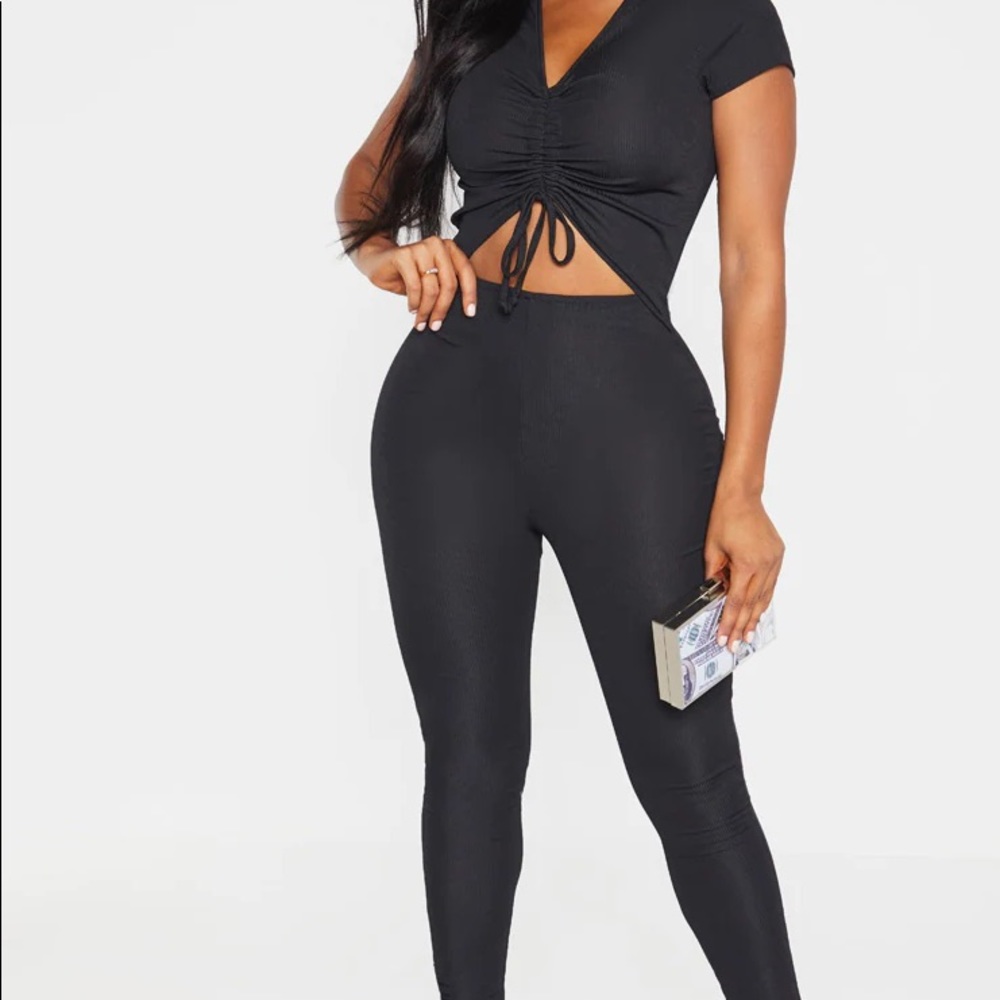 Black Ribbed Ruched Cut Out Jumpsuit - Picture 3 of 4